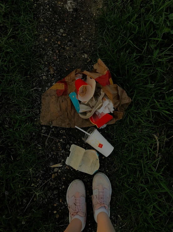 a person standing in the grass with their feet on a piece of food