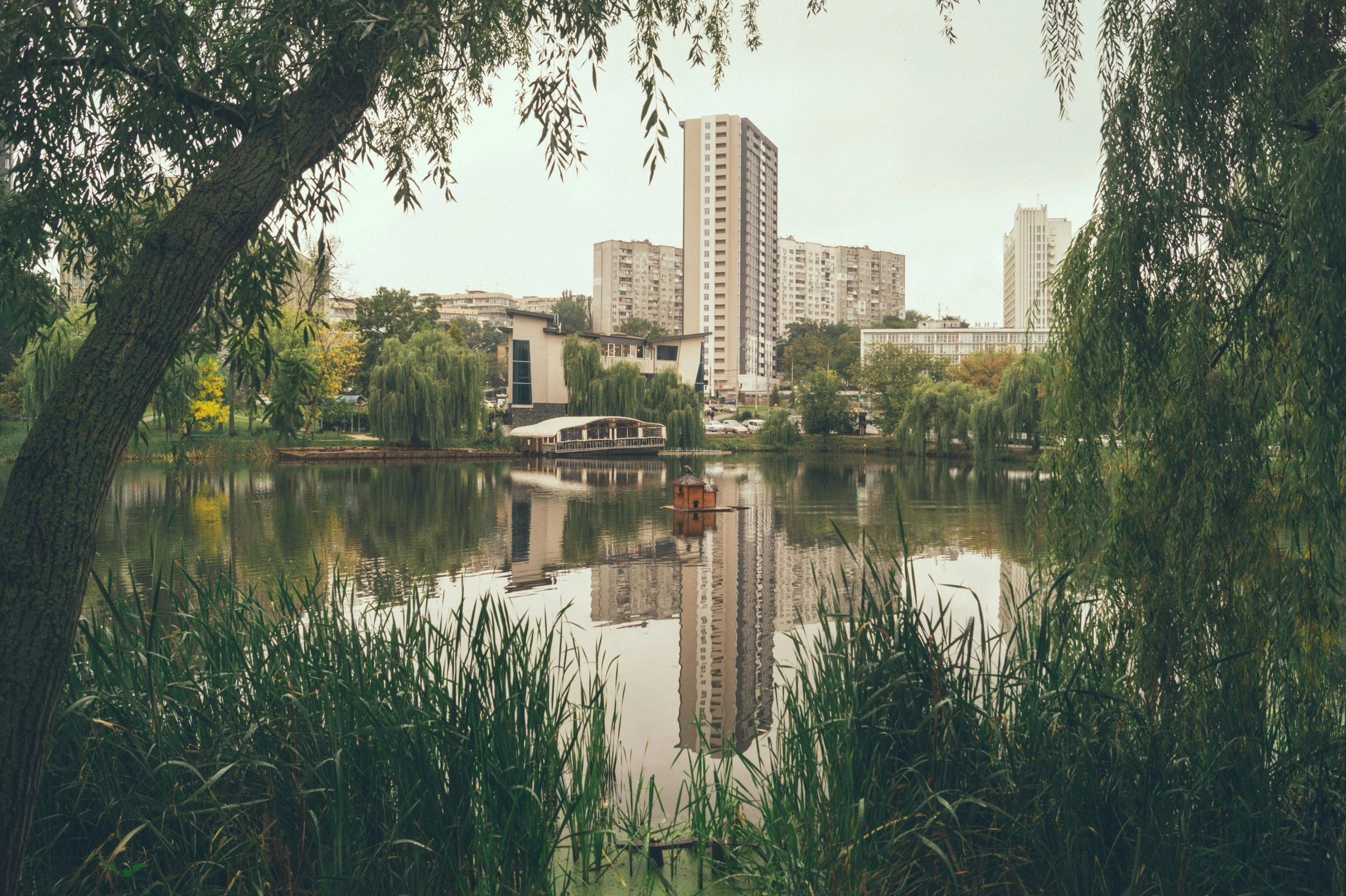 a waterway with water, trees, boats and tall buildings in the background