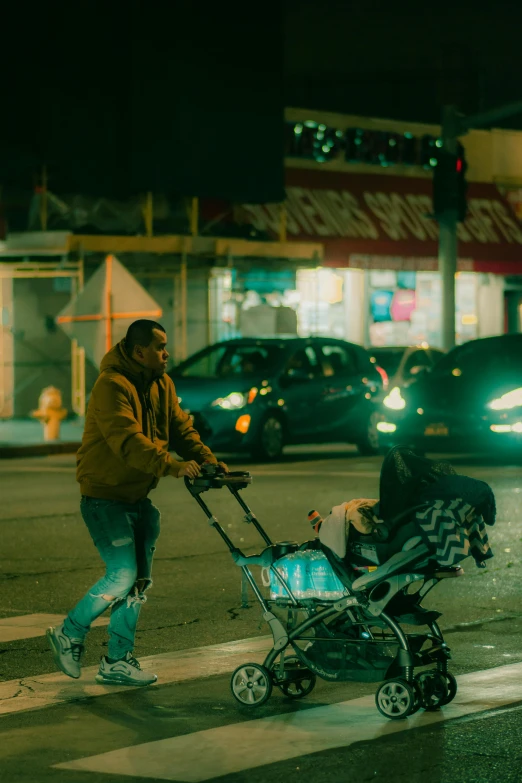 a woman hing a buggy with two babies on it