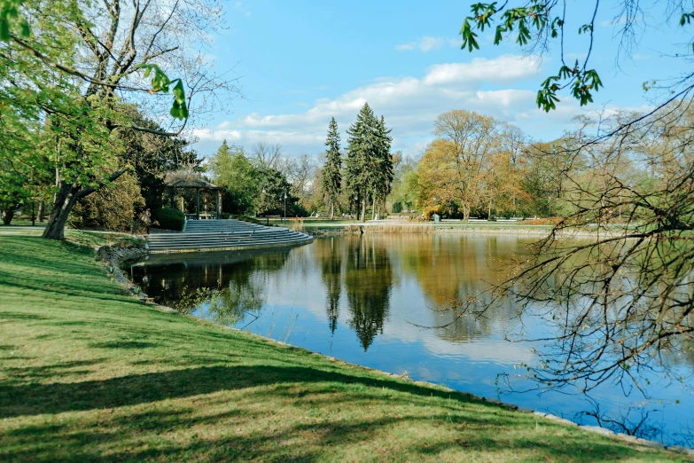 a view of a lake in the middle of an empty park