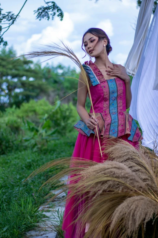 two women standing beside a grass plant wearing large blue and pink dresses