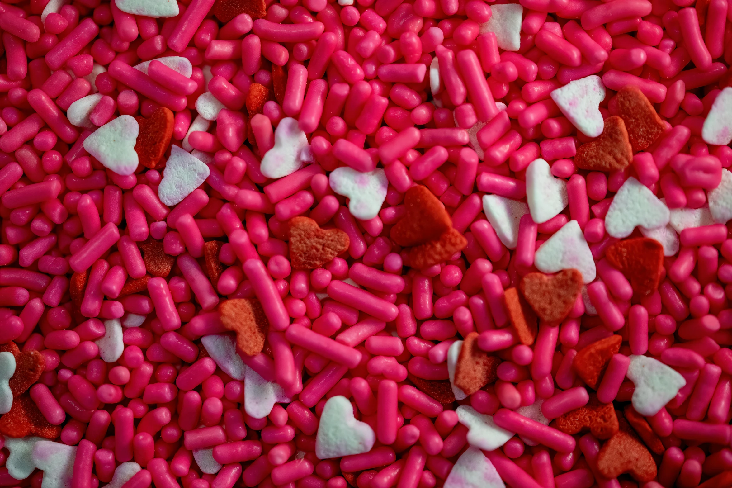 some sprinkled red and white hearts on a table