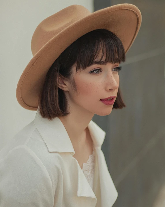 a young woman in white shirt and brown hat