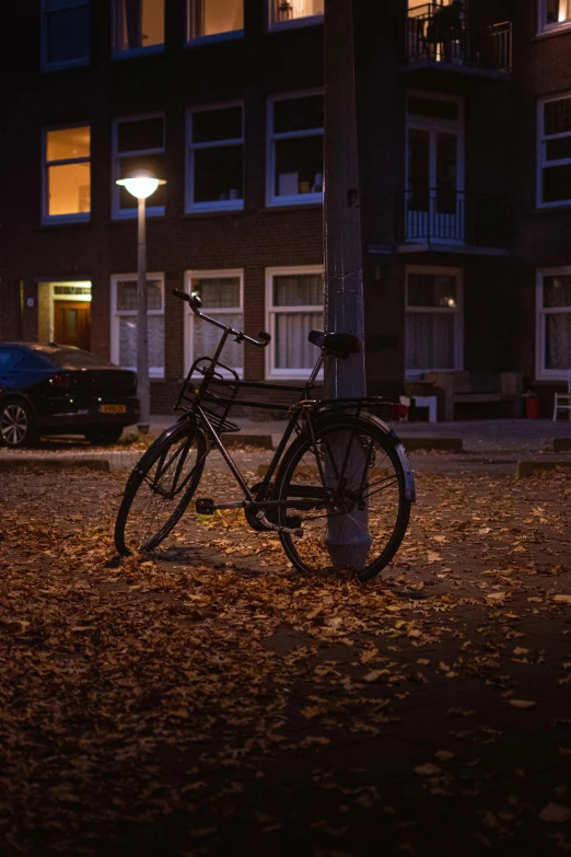 bicycle  to lamp post on urban roadway at night