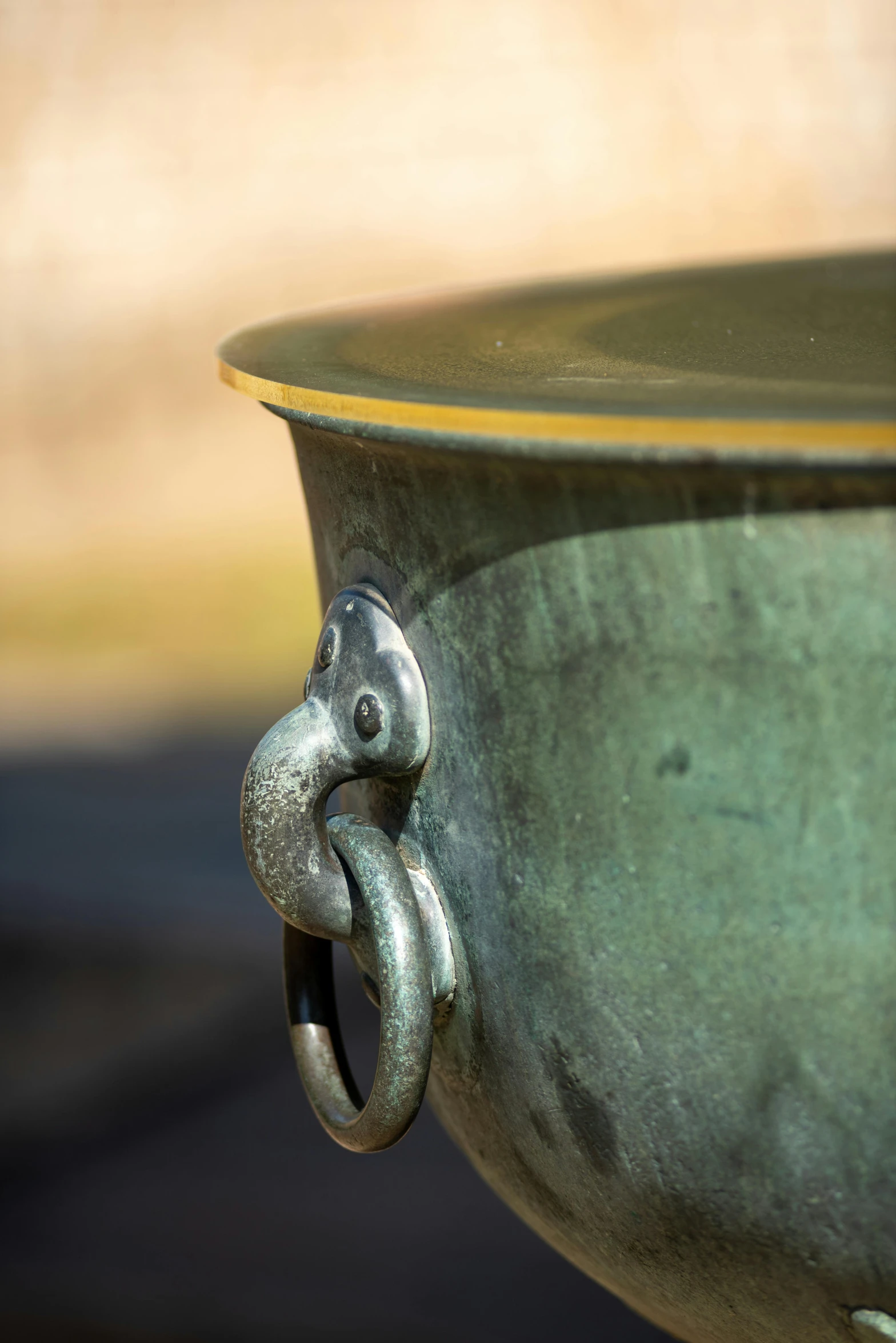 large green bowl with a handle on a street