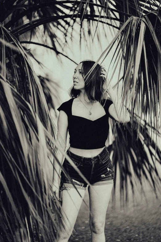 a woman is posing under a palm tree