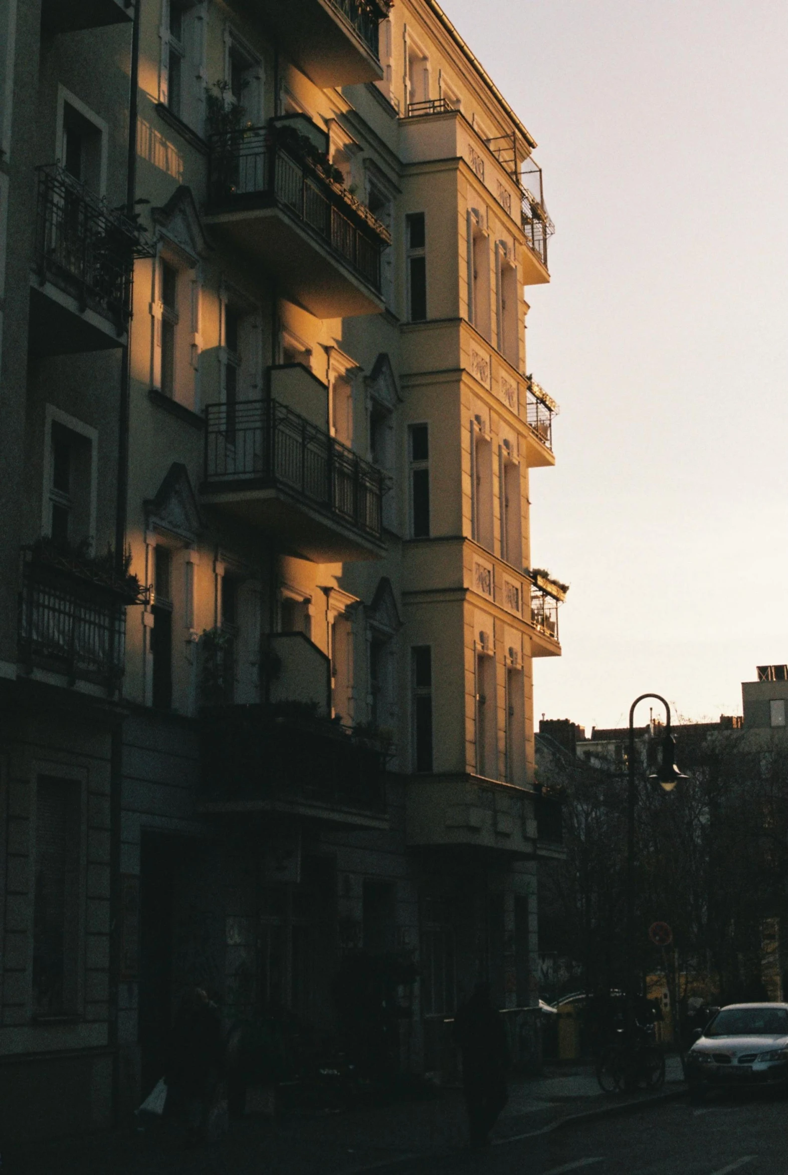 tall buildings at twilight, and the street below