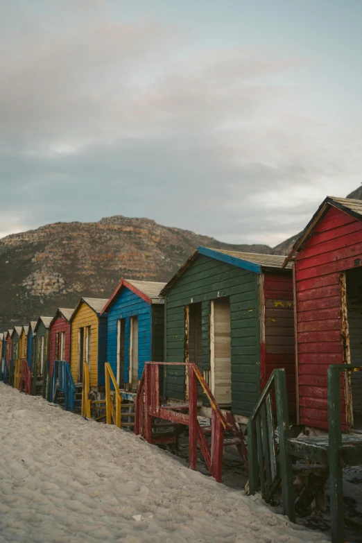 the beach houses on the sand are lined up