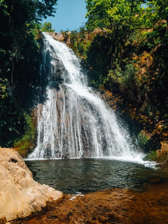 a water fall falling into a pool in the jungle