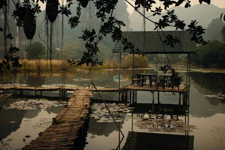 a dock on a small lake near a park