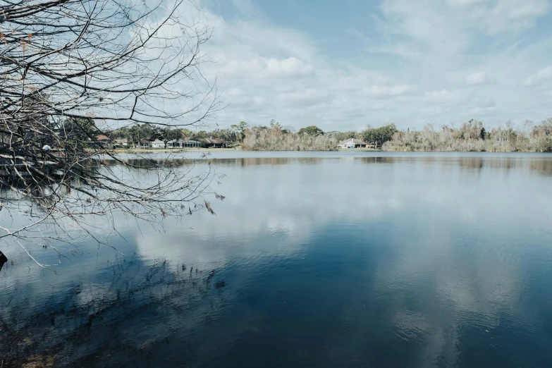 clouds are in the sky above the calm lake