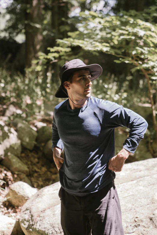 a man that is standing next to some rocks