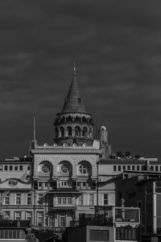 a black and white picture of the top of a building