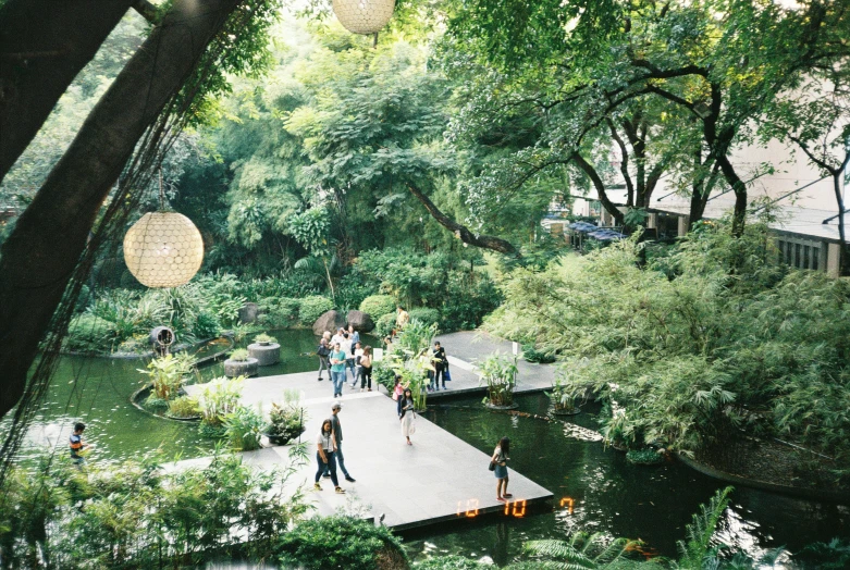 people walking across a walkway in a park