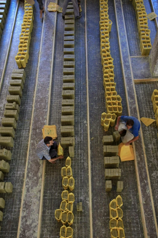 three people in the middle of rows of bananas on train tracks