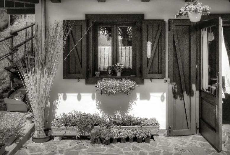 an open doorway leading into a courtyard with flowers