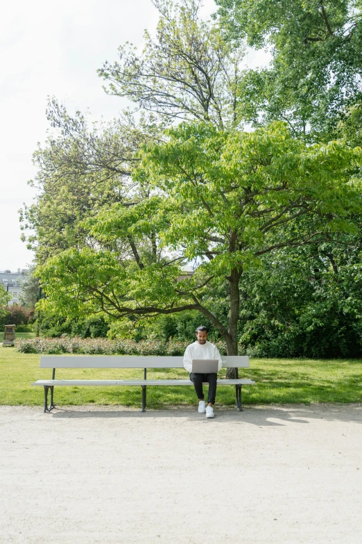 man sitting on bench in park surrounded by trees