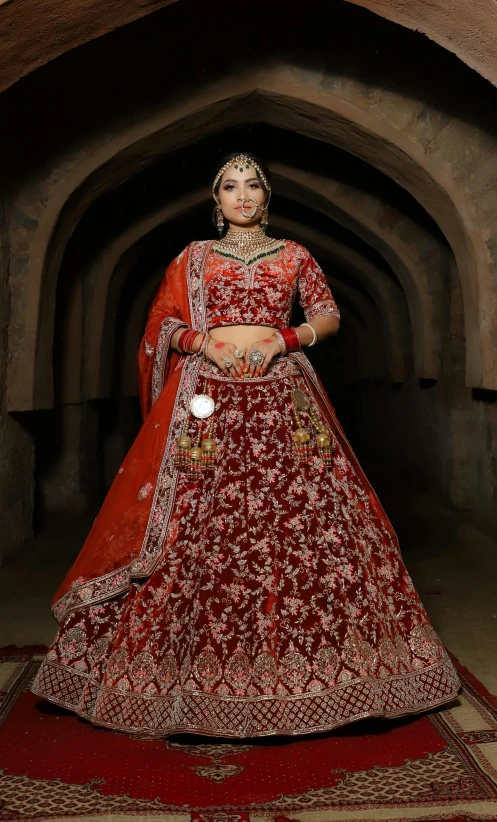 a woman in an elaborate red outfit standing next to a carpet