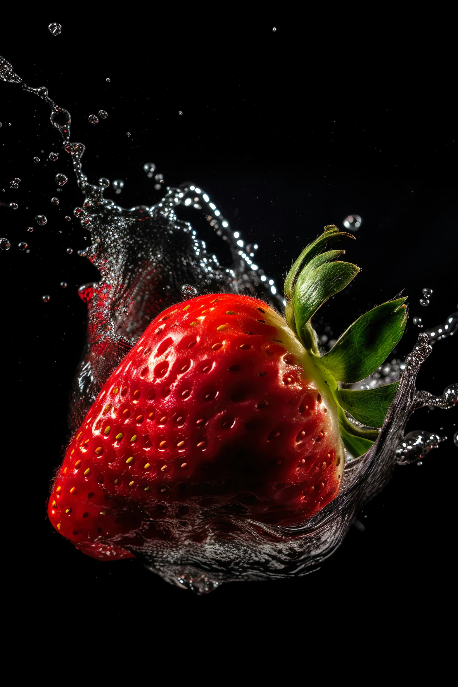 a strawberry floating through the water with bubbles