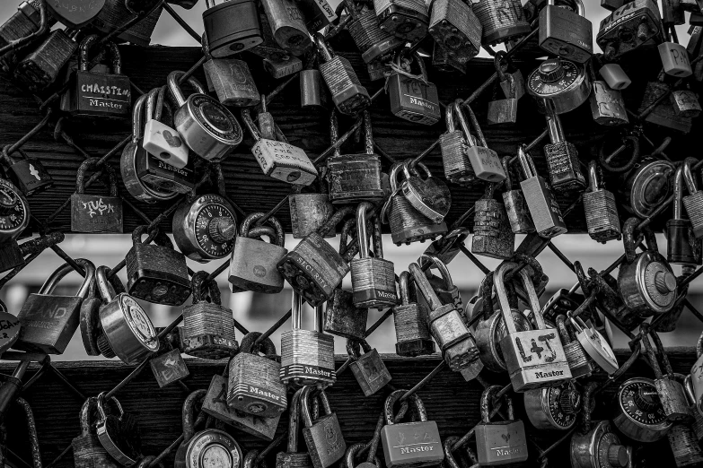 a rack of shoes covered in chains and other items