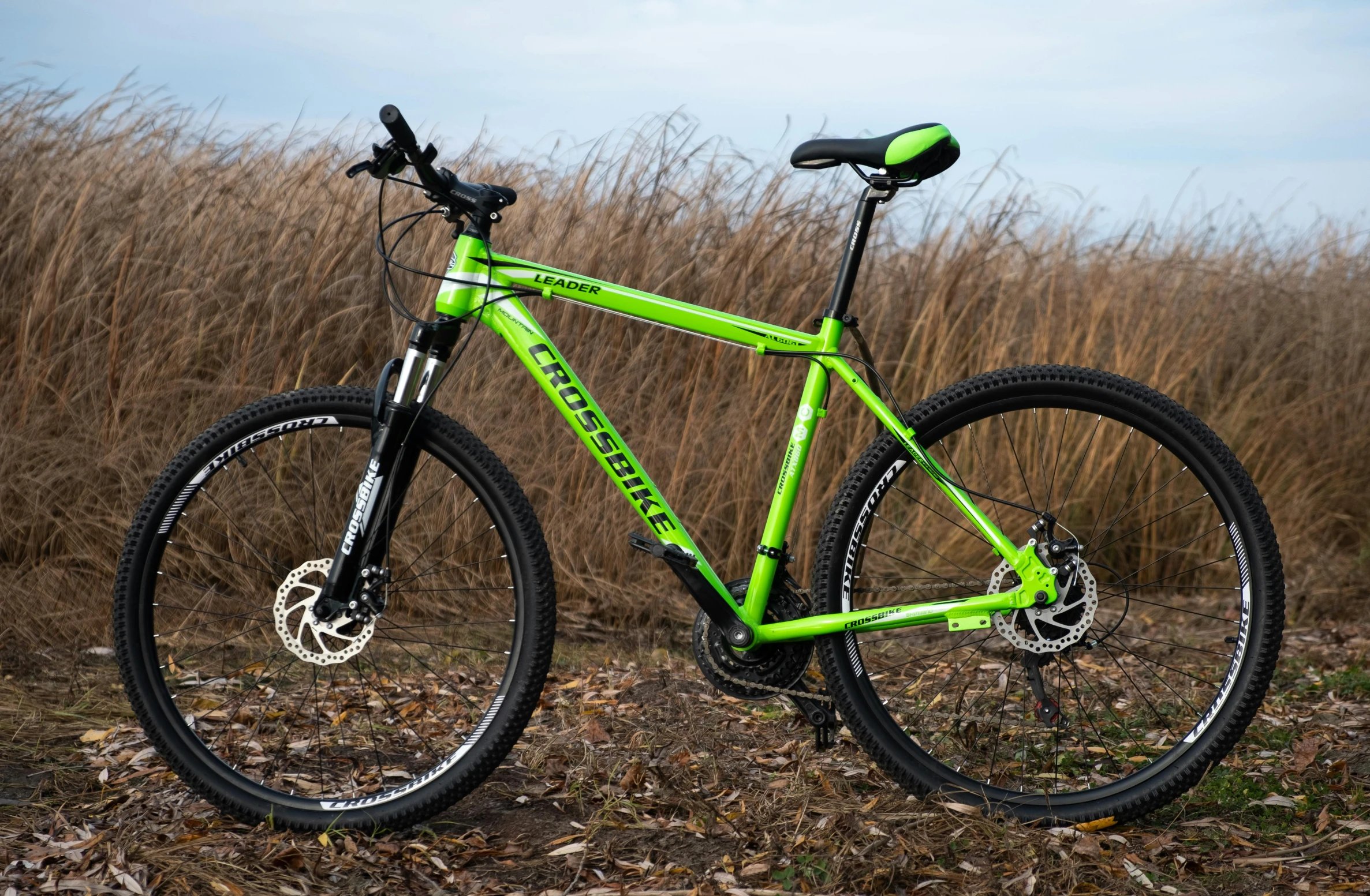 a bicycle sits parked in a grassy field