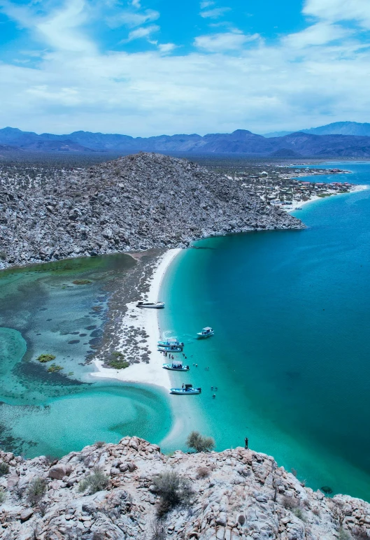 a blue water body of water with a sandy shore