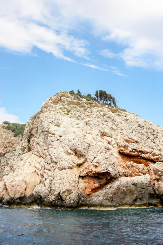 some trees are on a small rocky outcrop in the water