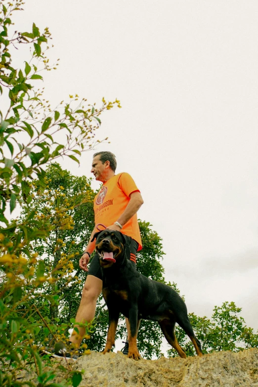 a man walking his dog on a hill