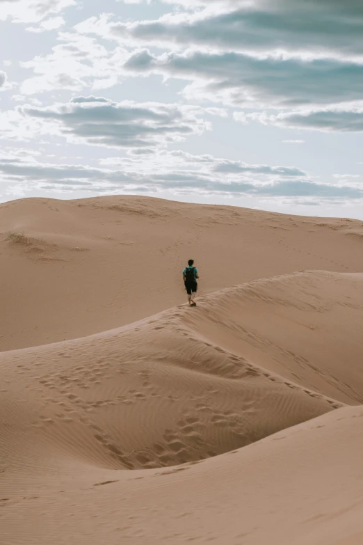 a lone figure walks through the desert sands