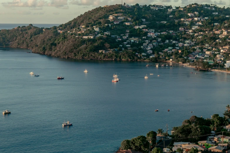 a lake with boats anchored in it and houses around