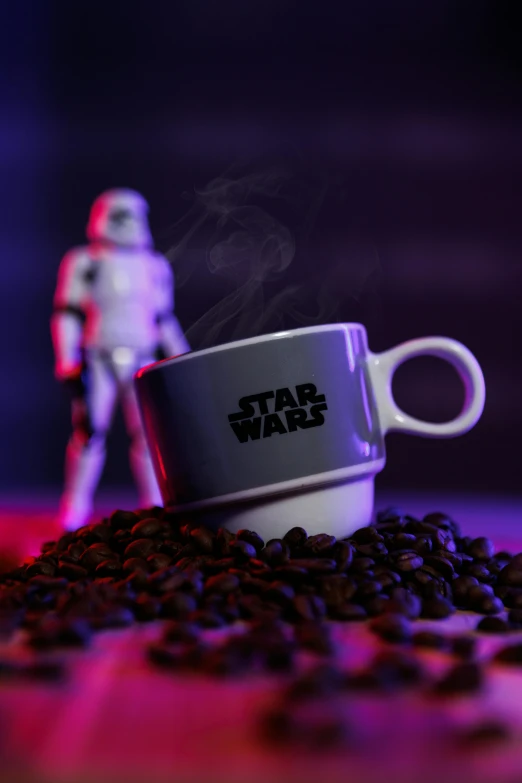 the coffee cup has a storm trooper on it