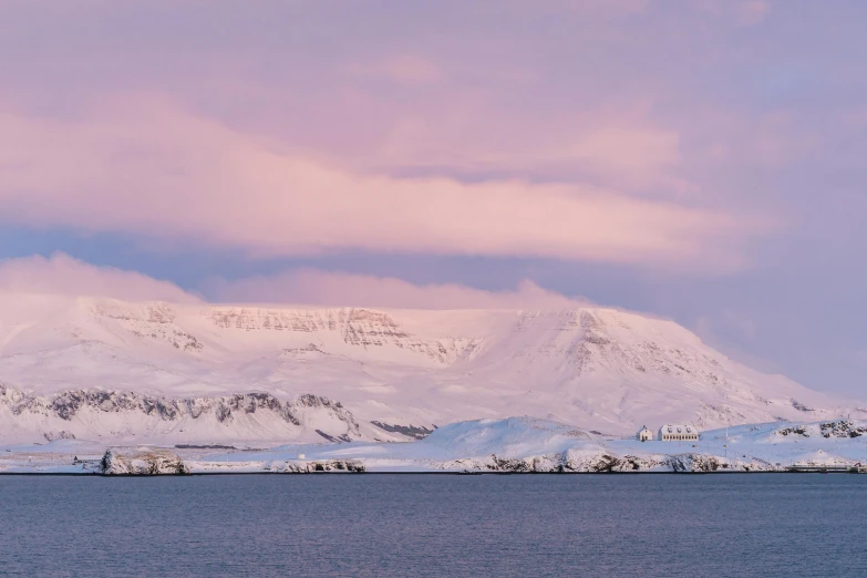 mountains and a lake with snow against the top