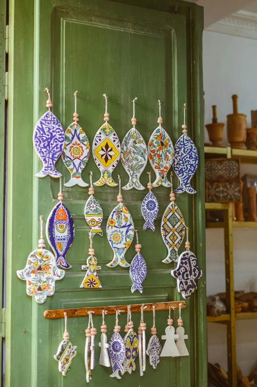 a door with ornaments hanging in different shapes and colors