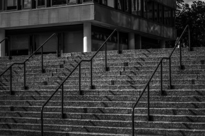 a black and white po of stairs and a large building