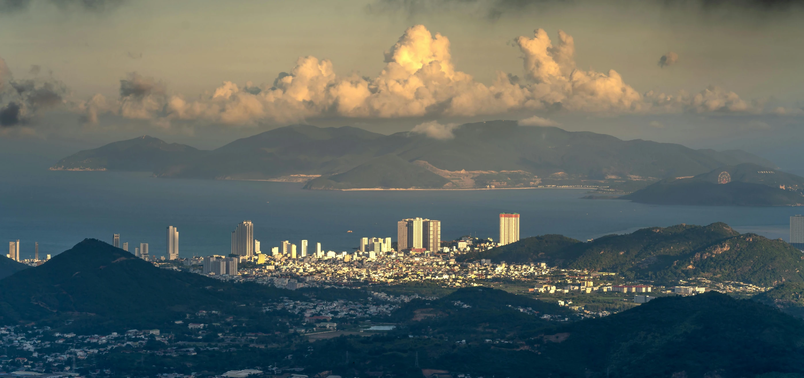 the city skyline as seen from above the island