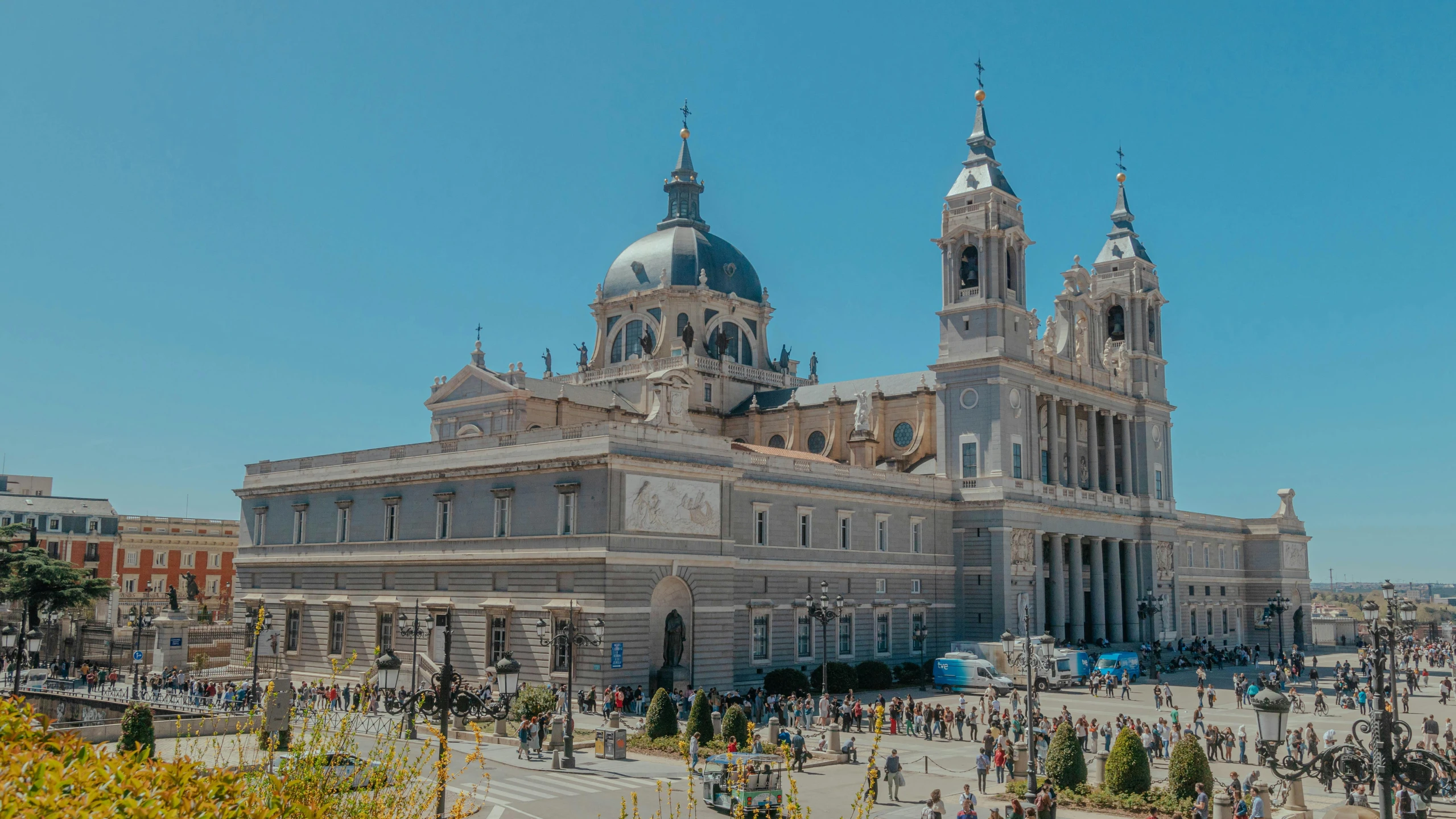 an overview of a church with large towers