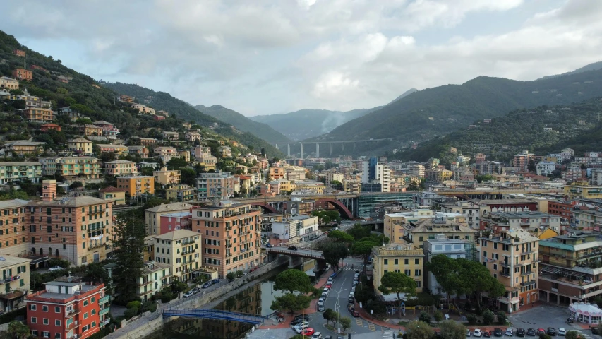 a large town on the mountains near a body of water