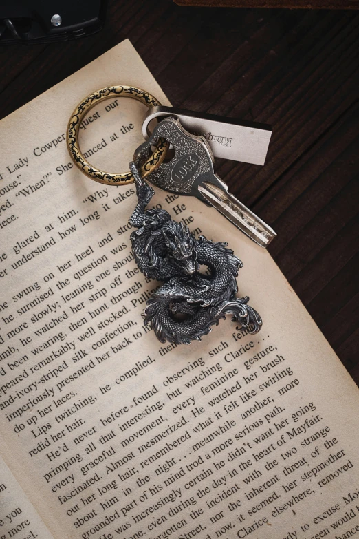 a pair of keys and chain on top of a book