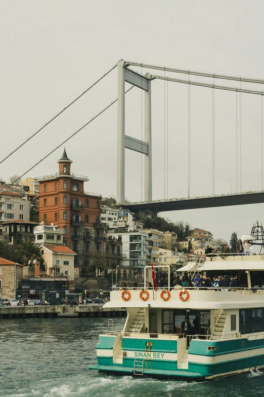 boat in water with suspension bridge and buildings in background