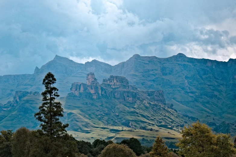 a mountain range with large trees below