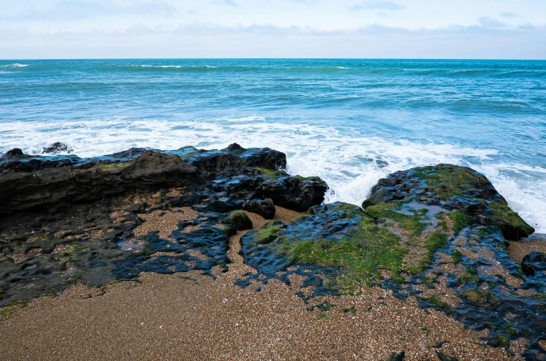 rocks with moss growing on them near the ocean