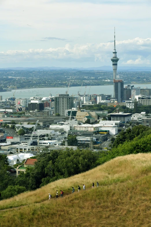 several people walking up a hill next to a city with a view