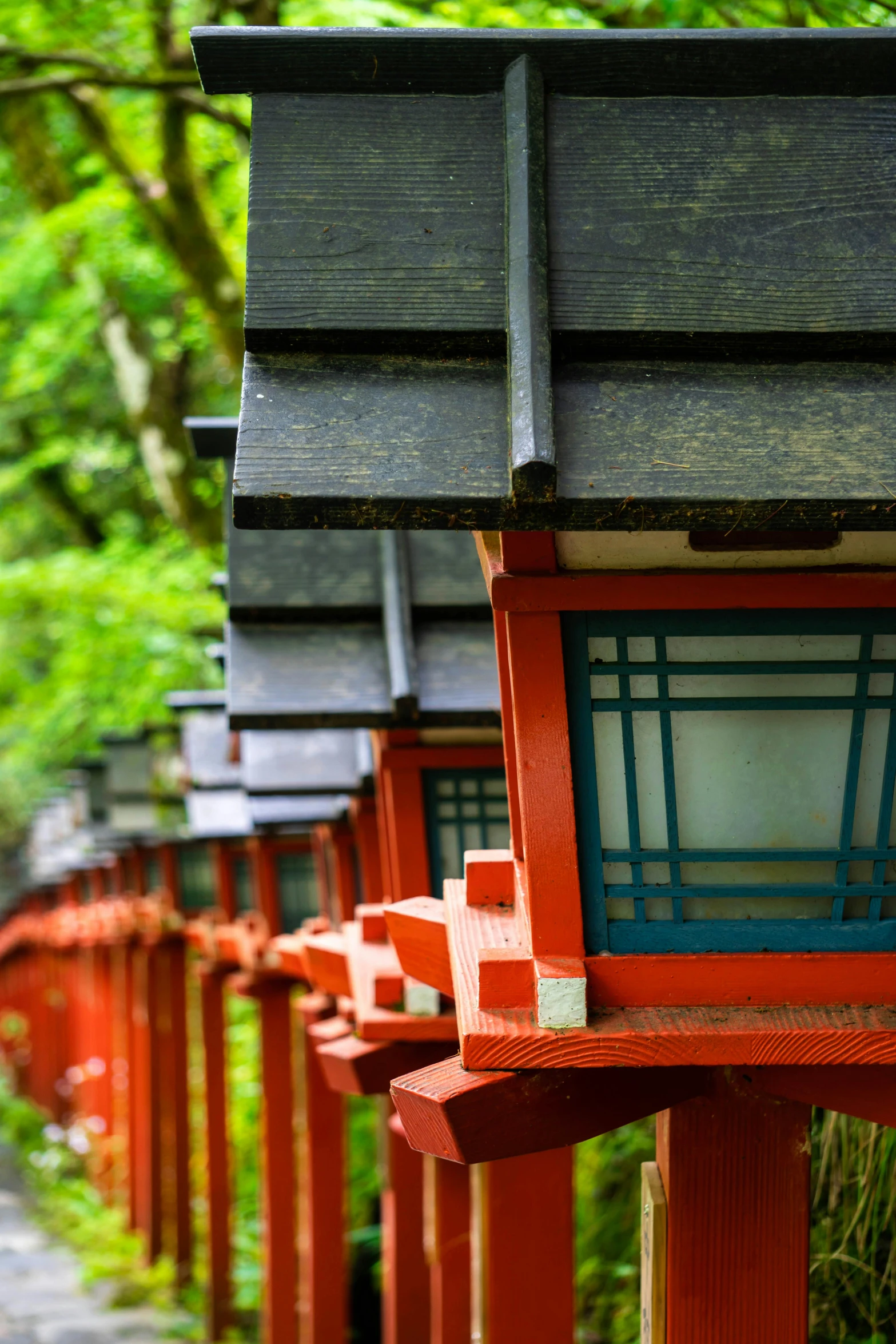 a row of red chinese - styled lanterns with green leaves