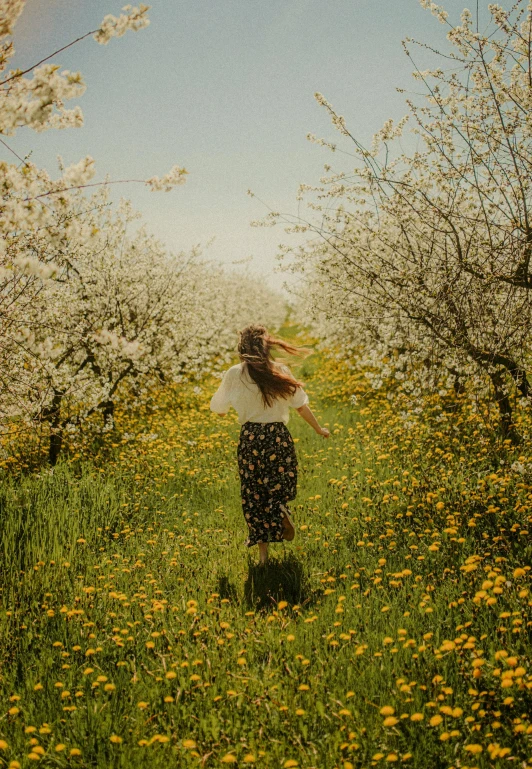 girl in flower field walking through flowering trees