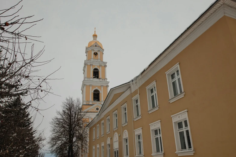 a view of an old building with a bell tower