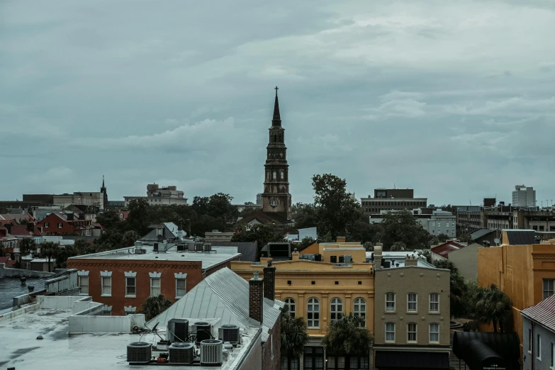 a city skyline with trees and buildings and a tower