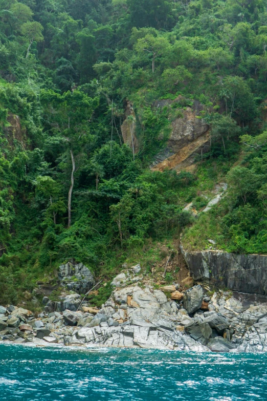 rocks and trees surround a water area on the side of a mountain