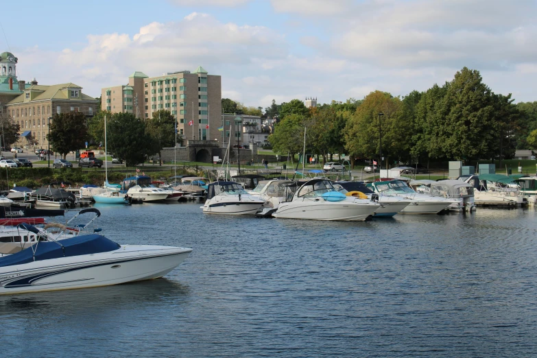 many boats are anchored on the water by city buildings