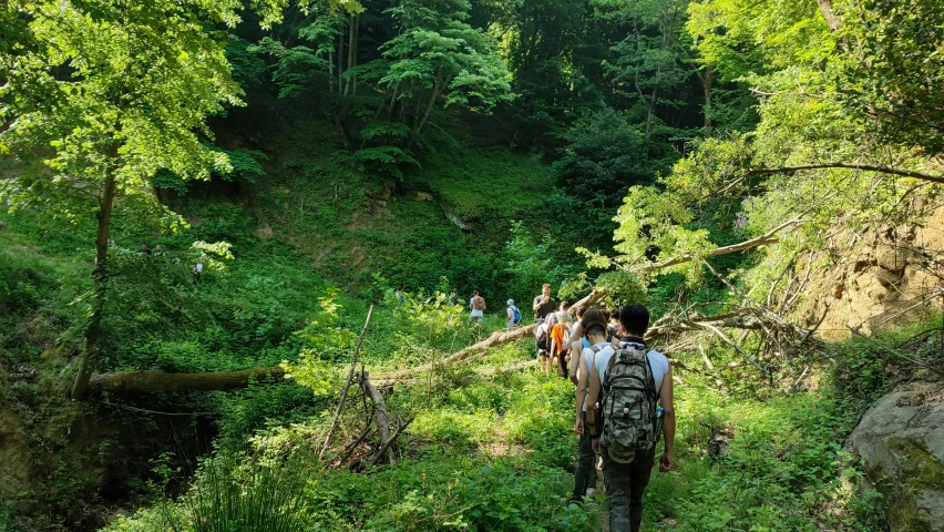 the group of people are walking up the trail