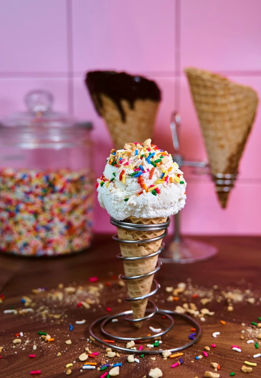 a cone with sprinkles is on the table